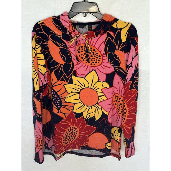 G.I.L.I. Brushed Jersey Hooded Sweatshirt Sweater Multi Floral Bright Bold XS - Picture 2 of 6